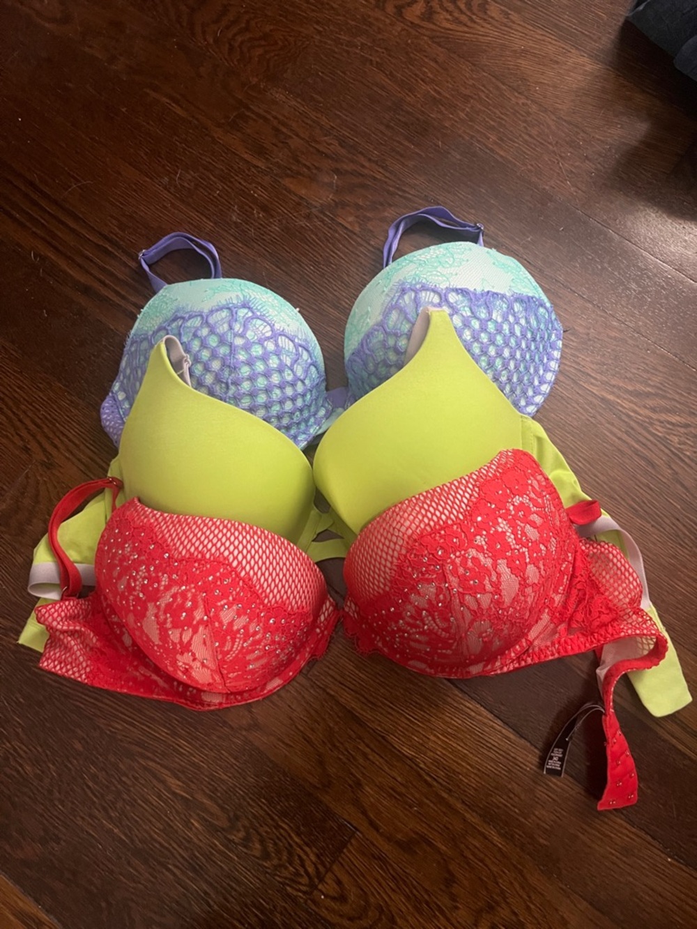 3 Victoria Secret Bras. Women’s Lace and Mesh Push-Up Bra - Red, Lime, Aqua. 34D